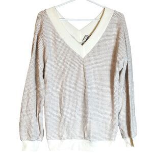ADREAMLY Cozy Long Sleeve Waffle Knit V-Neck Cream Sweater NWT 📦
